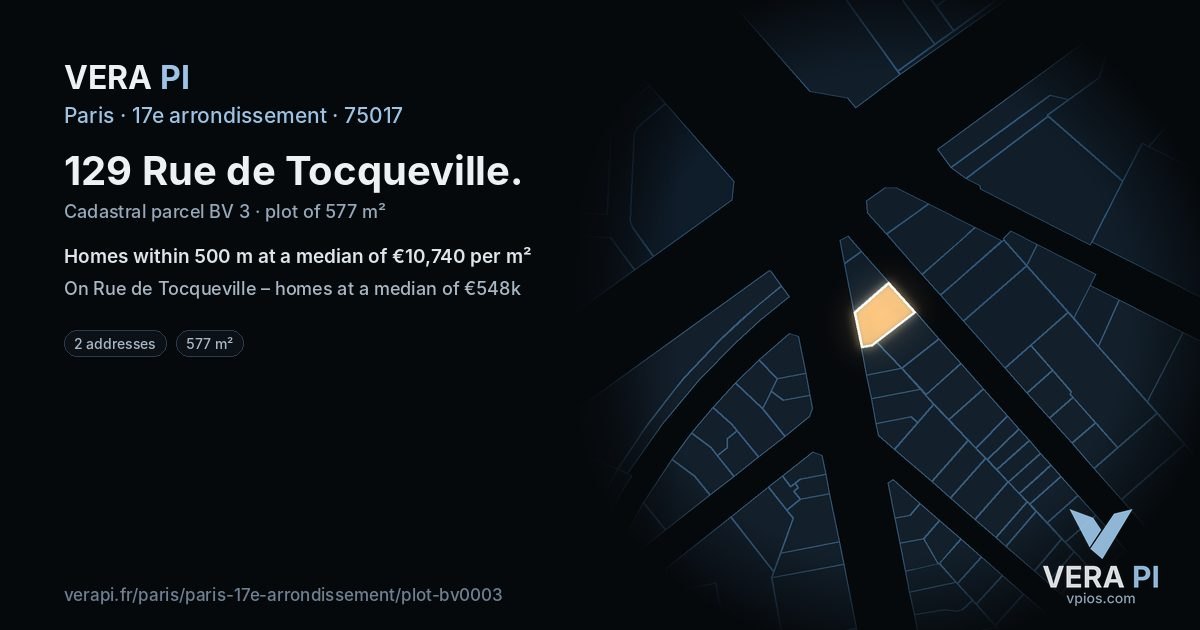 129 Rue de Tocqueville, 17e arrondissement at night – the plot lit, the parcels around coloured by the prices near them