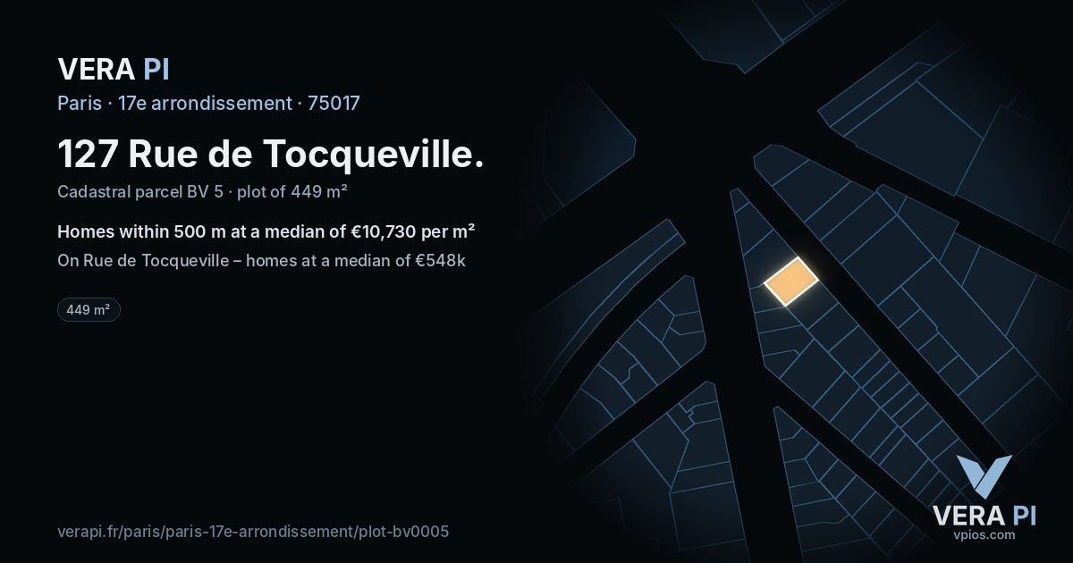 127 Rue de Tocqueville, 17e arrondissement at night – the plot lit, the parcels around coloured by the prices near them
