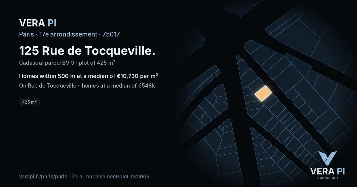 125 Rue de Tocqueville, 17e arrondissement at night – the plot lit, the parcels around coloured by the prices near them