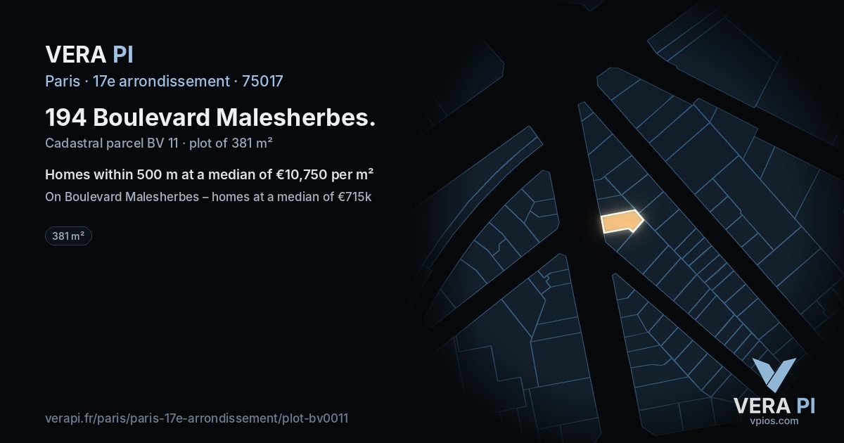194 Boulevard Malesherbes, 17e arrondissement at night – the plot lit, the parcels around coloured by the prices near them