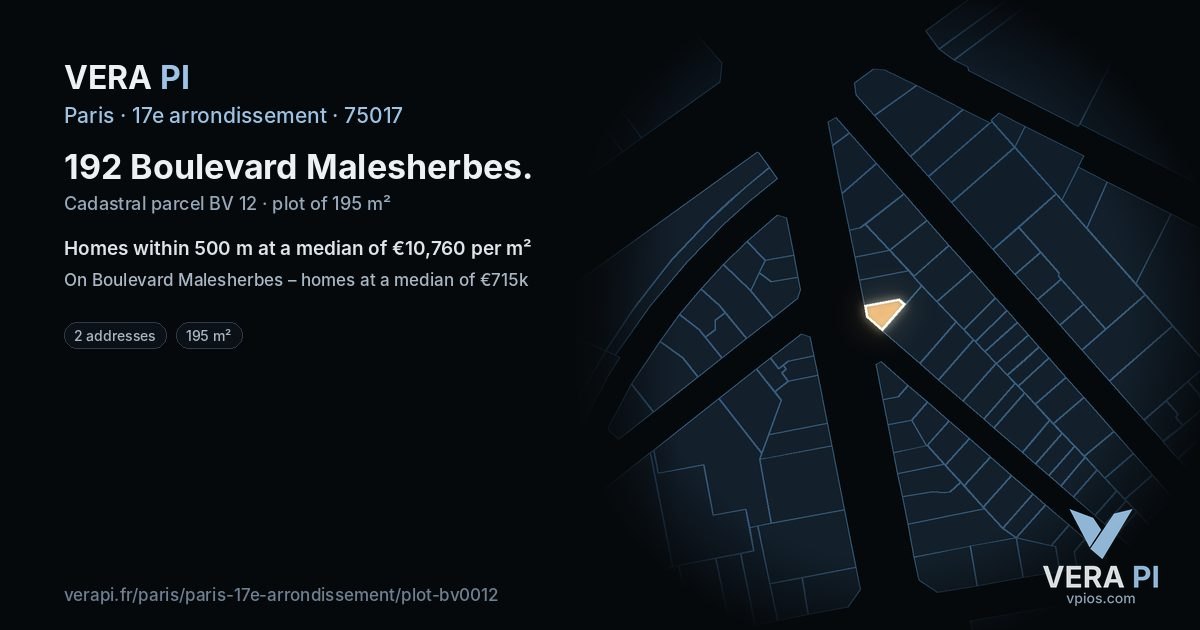192 Boulevard Malesherbes, 17e arrondissement at night – the plot lit, the parcels around coloured by the prices near them