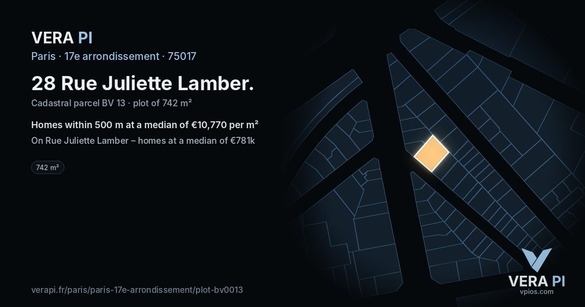 28 Rue Juliette Lamber, 17e arrondissement at night – the plot lit, the parcels around coloured by the prices near them