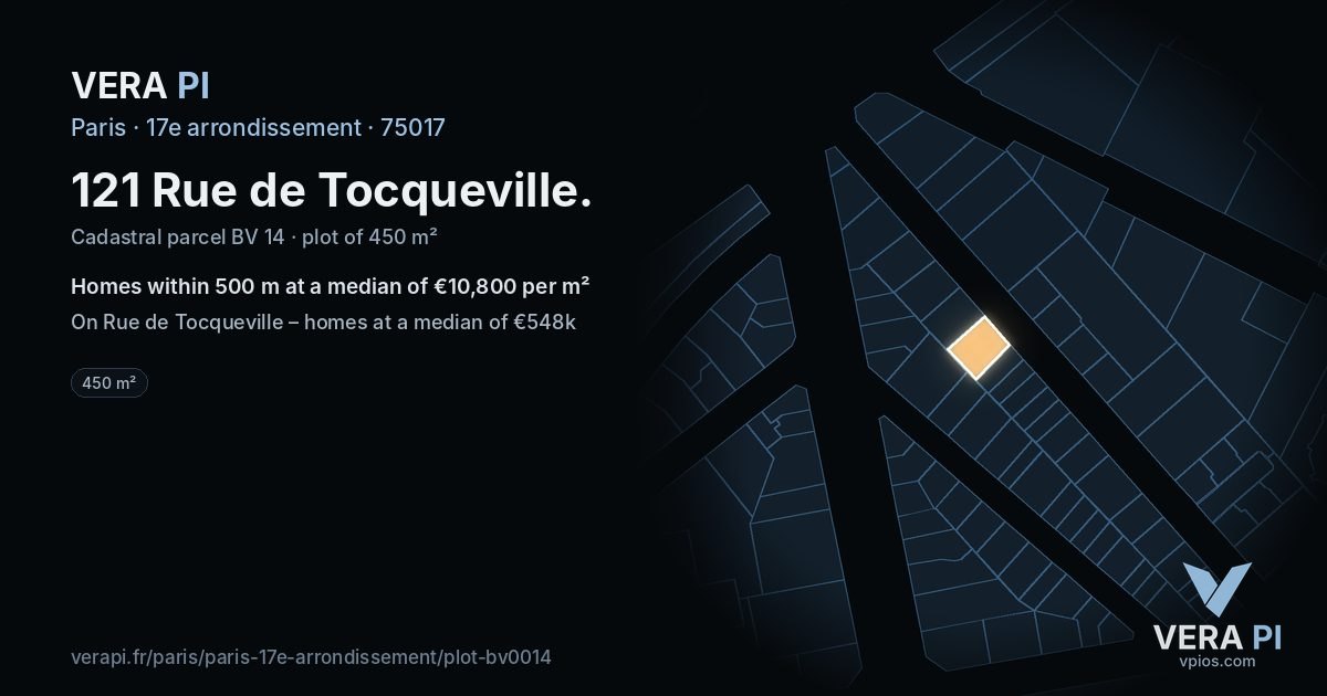 121 Rue de Tocqueville, 17e arrondissement at night – the plot lit, the parcels around coloured by the prices near them