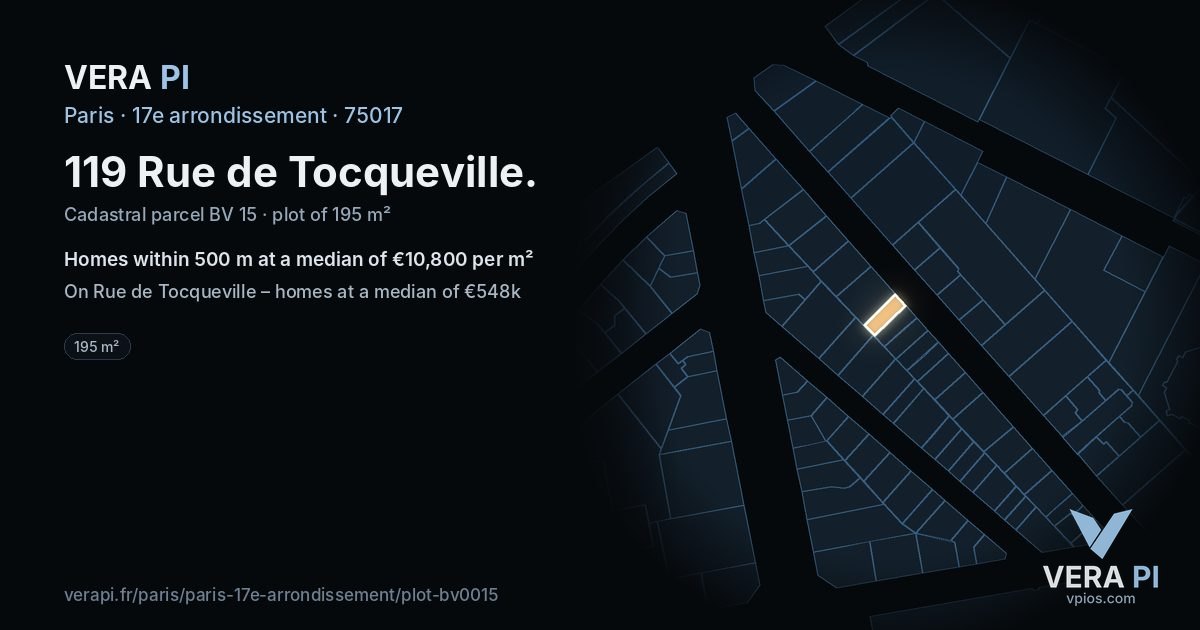 119 Rue de Tocqueville, 17e arrondissement at night – the plot lit, the parcels around coloured by the prices near them