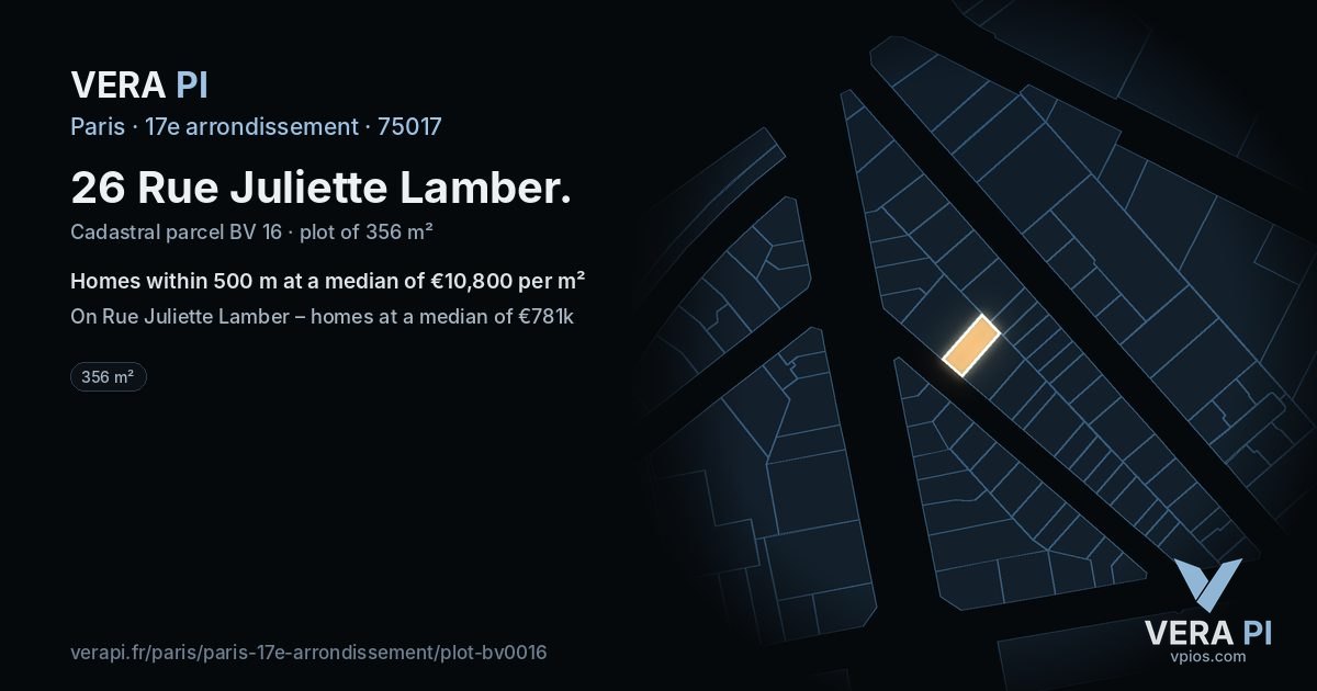 26 Rue Juliette Lamber, 17e arrondissement at night – the plot lit, the parcels around coloured by the prices near them