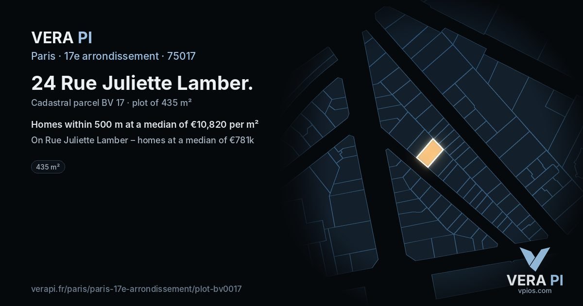 24 Rue Juliette Lamber, 17e arrondissement at night – the plot lit, the parcels around coloured by the prices near them