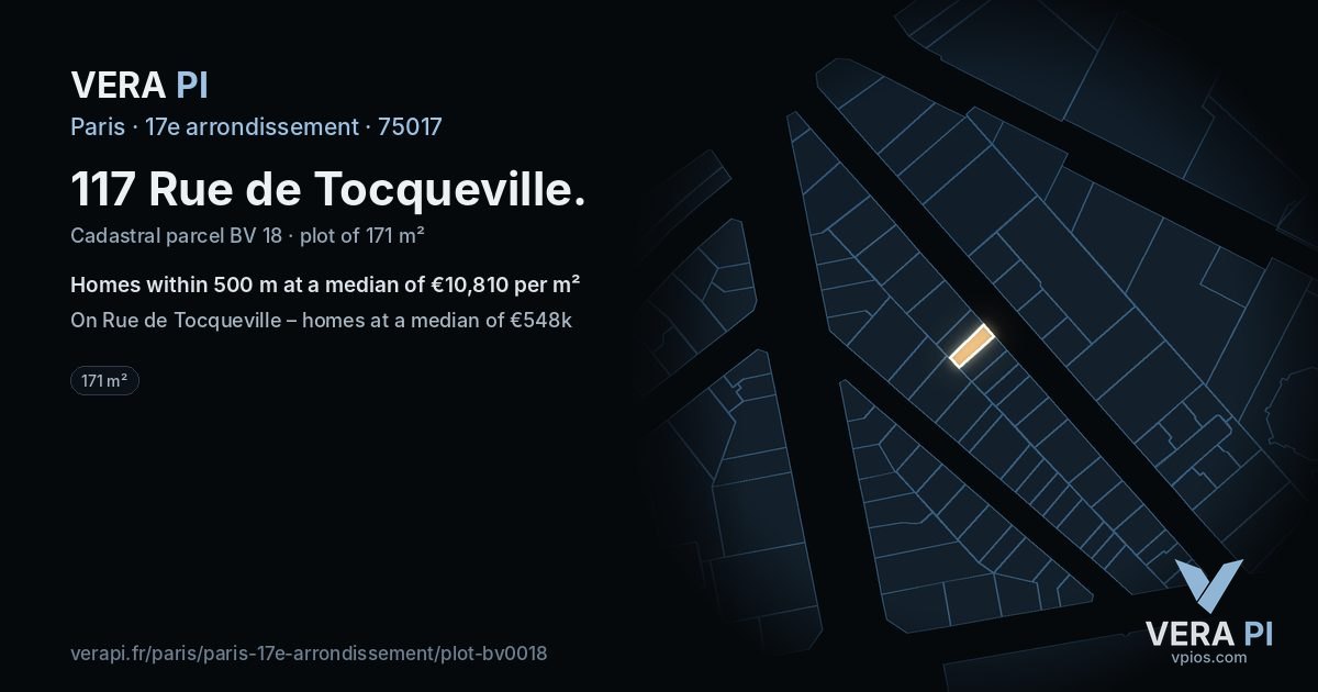 117 Rue de Tocqueville, 17e arrondissement at night – the plot lit, the parcels around coloured by the prices near them
