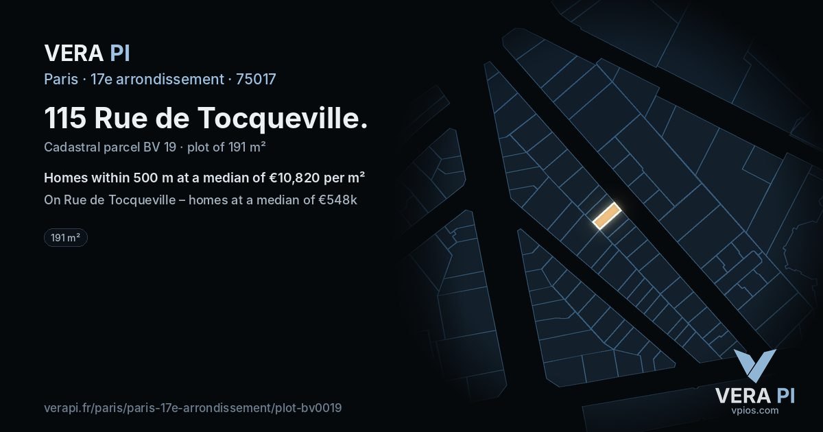 115 Rue de Tocqueville, 17e arrondissement at night – the plot lit, the parcels around coloured by the prices near them