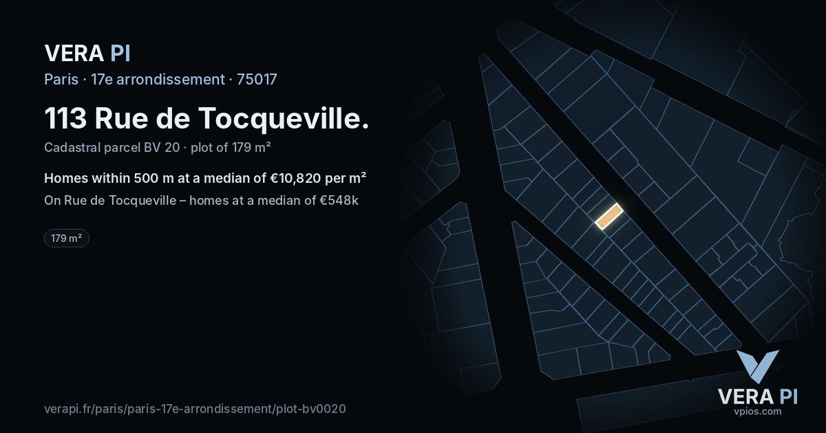 113 Rue de Tocqueville, 17e arrondissement at night – the plot lit, the parcels around coloured by the prices near them
