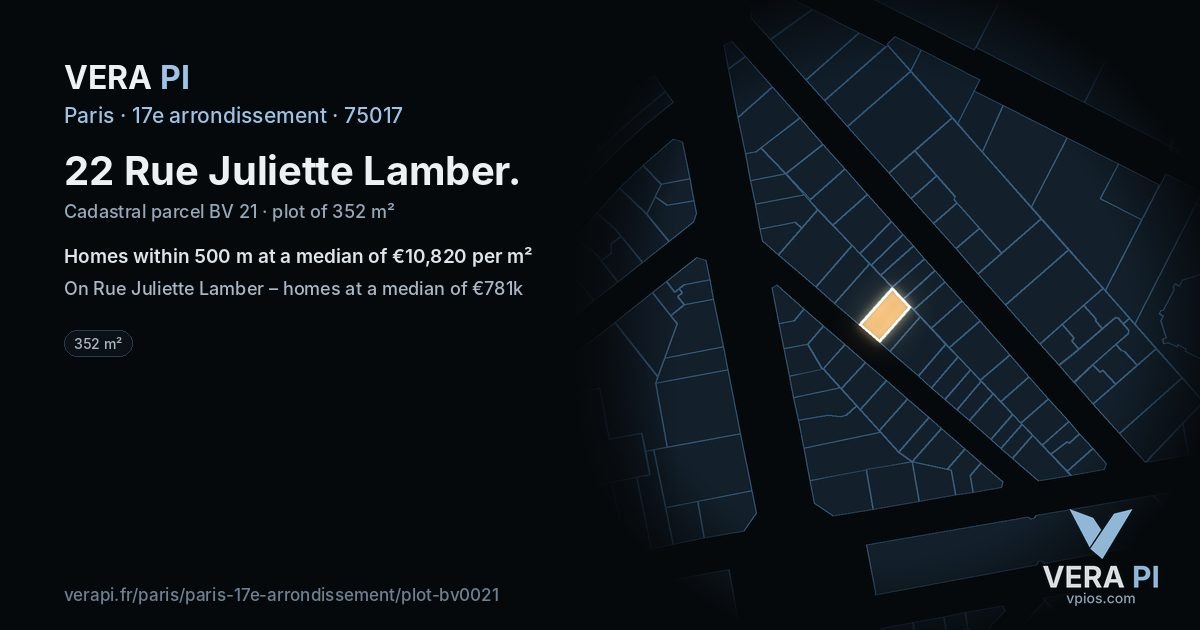 22 Rue Juliette Lamber, 17e arrondissement at night – the plot lit, the parcels around coloured by the prices near them