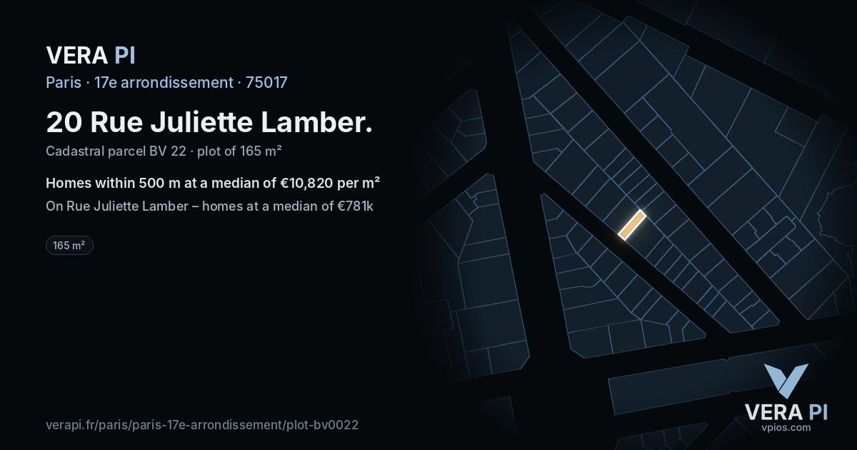20 Rue Juliette Lamber, 17e arrondissement at night – the plot lit, the parcels around coloured by the prices near them