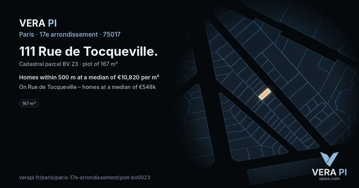 111 Rue de Tocqueville, 17e arrondissement at night – the plot lit, the parcels around coloured by the prices near them