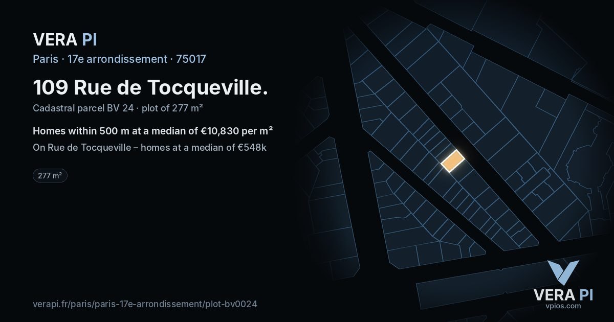 109 Rue de Tocqueville, 17e arrondissement at night – the plot lit, the parcels around coloured by the prices near them