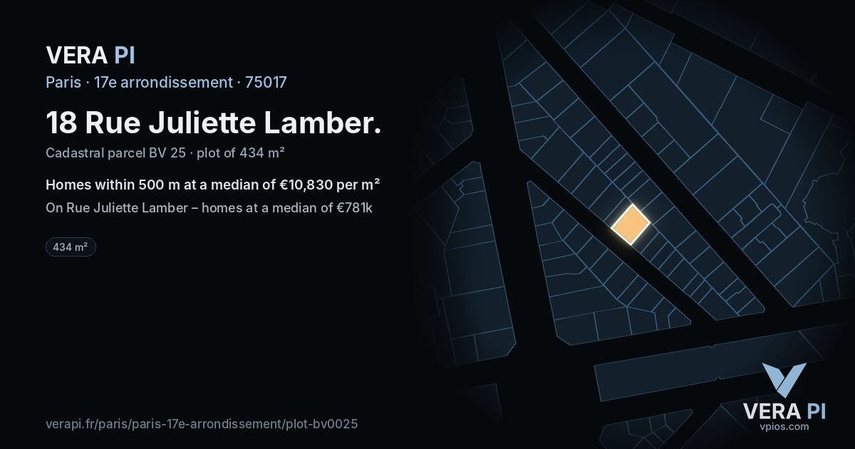 18 Rue Juliette Lamber, 17e arrondissement at night – the plot lit, the parcels around coloured by the prices near them