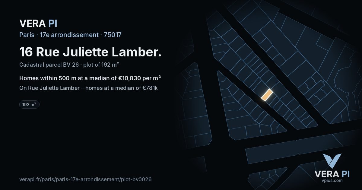 16 Rue Juliette Lamber, 17e arrondissement at night – the plot lit, the parcels around coloured by the prices near them