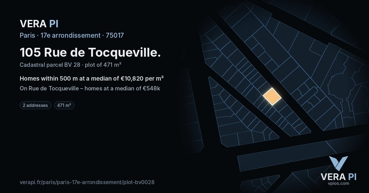 105 Rue de Tocqueville, 17e arrondissement at night – the plot lit, the parcels around coloured by the prices near them