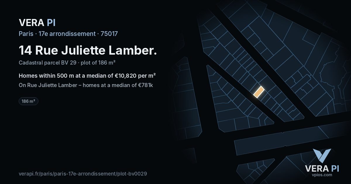 14 Rue Juliette Lamber, 17e arrondissement at night – the plot lit, the parcels around coloured by the prices near them