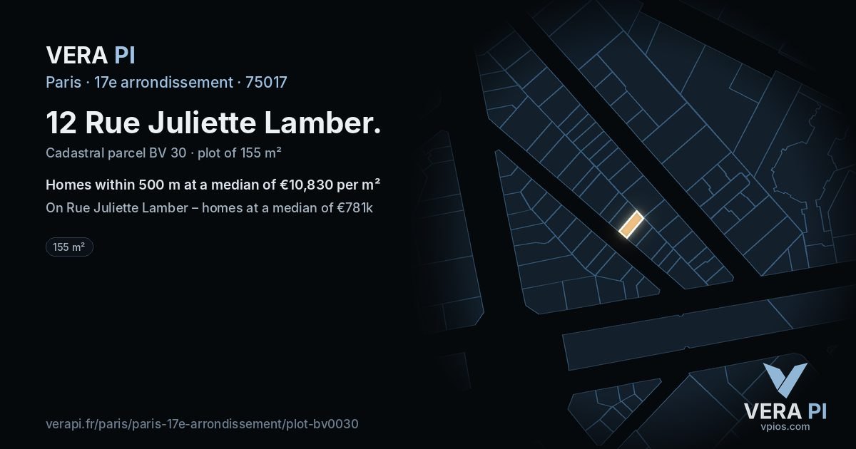 12 Rue Juliette Lamber, 17e arrondissement at night – the plot lit, the parcels around coloured by the prices near them