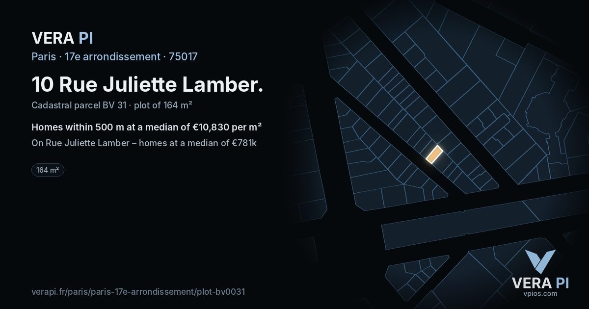 10 Rue Juliette Lamber, 17e arrondissement at night – the plot lit, the parcels around coloured by the prices near them