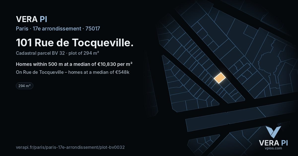 101 Rue de Tocqueville, 17e arrondissement at night – the plot lit, the parcels around coloured by the prices near them