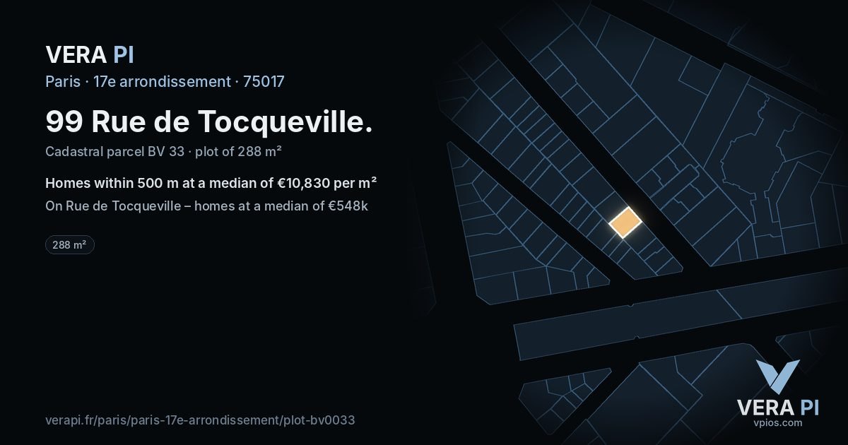 99 Rue de Tocqueville, 17e arrondissement at night – the plot lit, the parcels around coloured by the prices near them