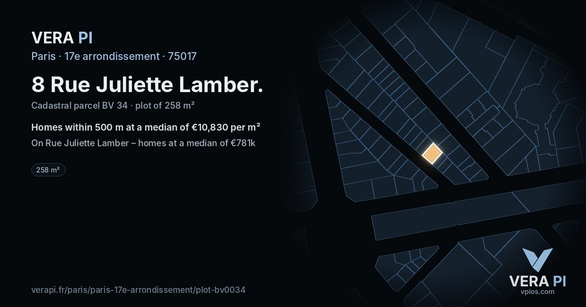 8 Rue Juliette Lamber, 17e arrondissement at night – the plot lit, the parcels around coloured by the prices near them