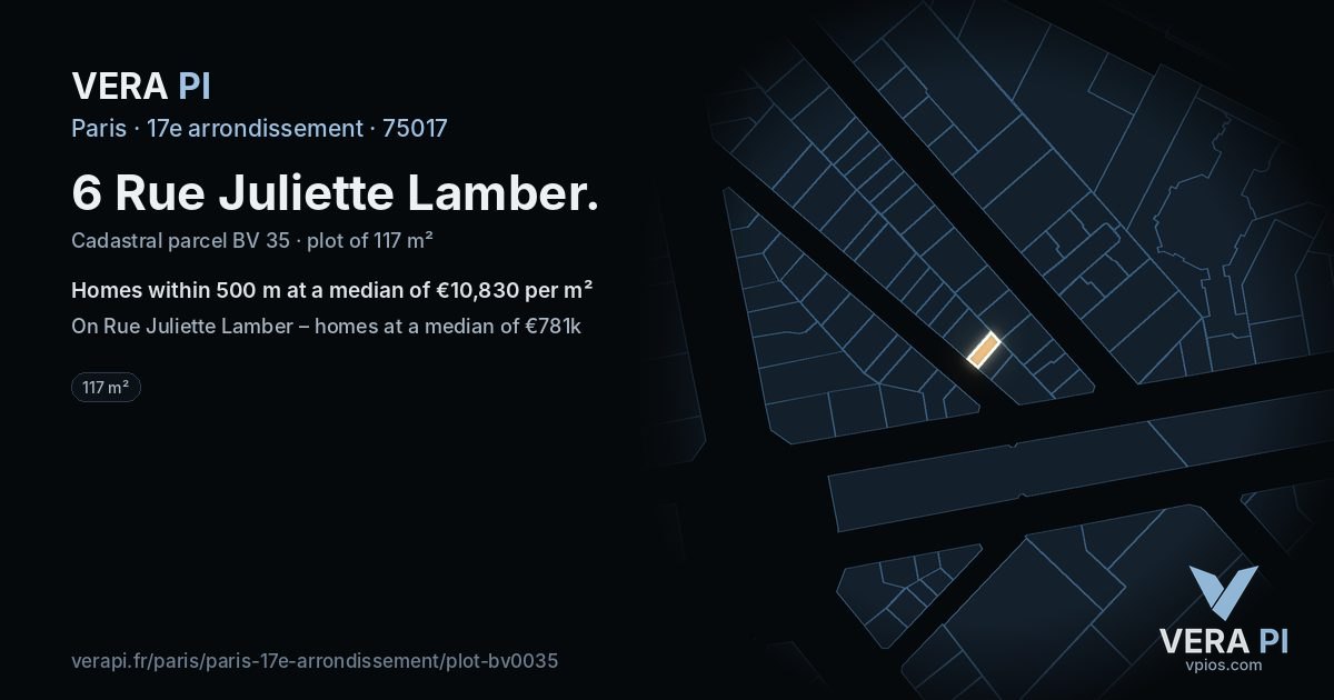 6 Rue Juliette Lamber, 17e arrondissement at night – the plot lit, the parcels around coloured by the prices near them