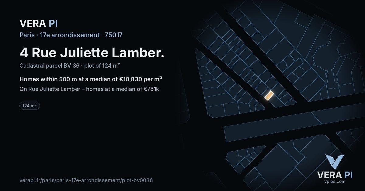 4 Rue Juliette Lamber, 17e arrondissement at night – the plot lit, the parcels around coloured by the prices near them