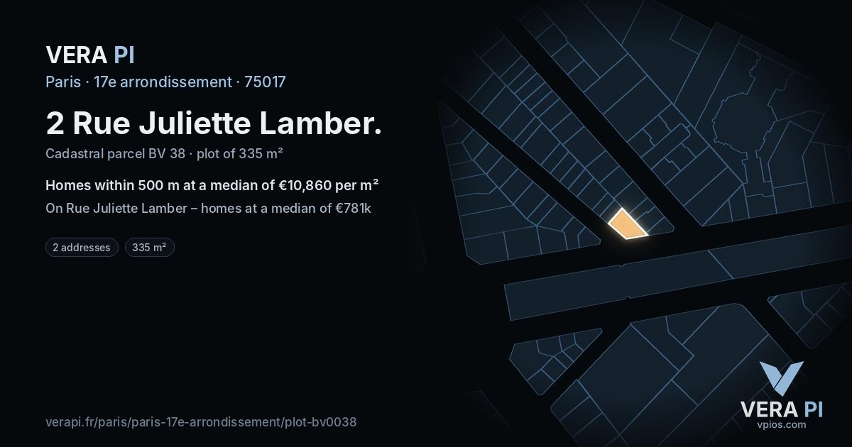 2 Rue Juliette Lamber, 17e arrondissement at night – the plot lit, the parcels around coloured by the prices near them