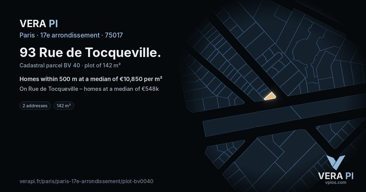 93 Rue de Tocqueville, 17e arrondissement at night – the plot lit, the parcels around coloured by the prices near them