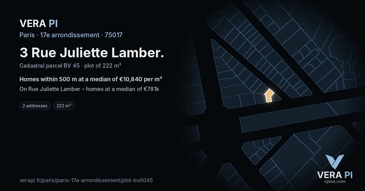 3 Rue Juliette Lamber, 17e arrondissement at night – the plot lit, the parcels around coloured by the prices near them