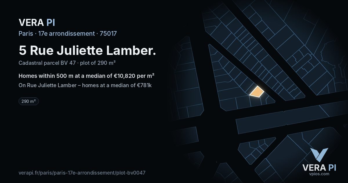 5 Rue Juliette Lamber, 17e arrondissement at night – the plot lit, the parcels around coloured by the prices near them
