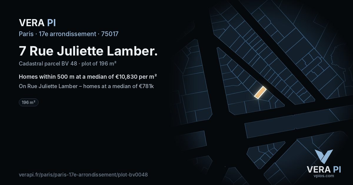 7 Rue Juliette Lamber, 17e arrondissement at night – the plot lit, the parcels around coloured by the prices near them