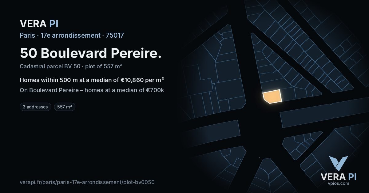 50 Boulevard Pereire, 17e arrondissement at night – the plot lit, the parcels around coloured by the prices near them