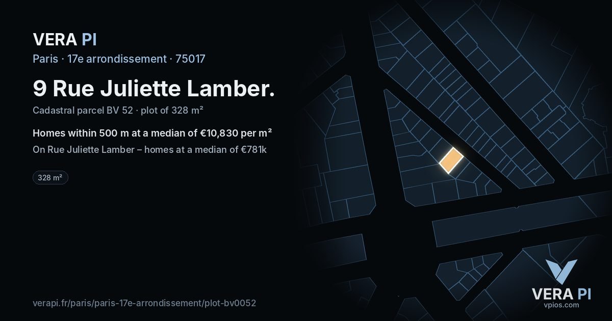 9 Rue Juliette Lamber, 17e arrondissement at night – the plot lit, the parcels around coloured by the prices near them