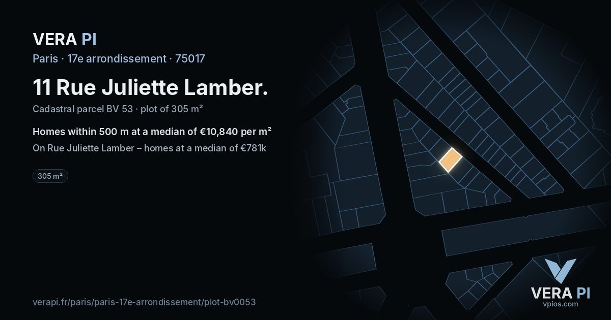 11 Rue Juliette Lamber, 17e arrondissement at night – the plot lit, the parcels around coloured by the prices near them