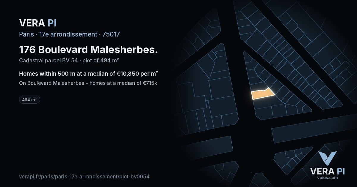 176 Boulevard Malesherbes, 17e arrondissement at night – the plot lit, the parcels around coloured by the prices near them