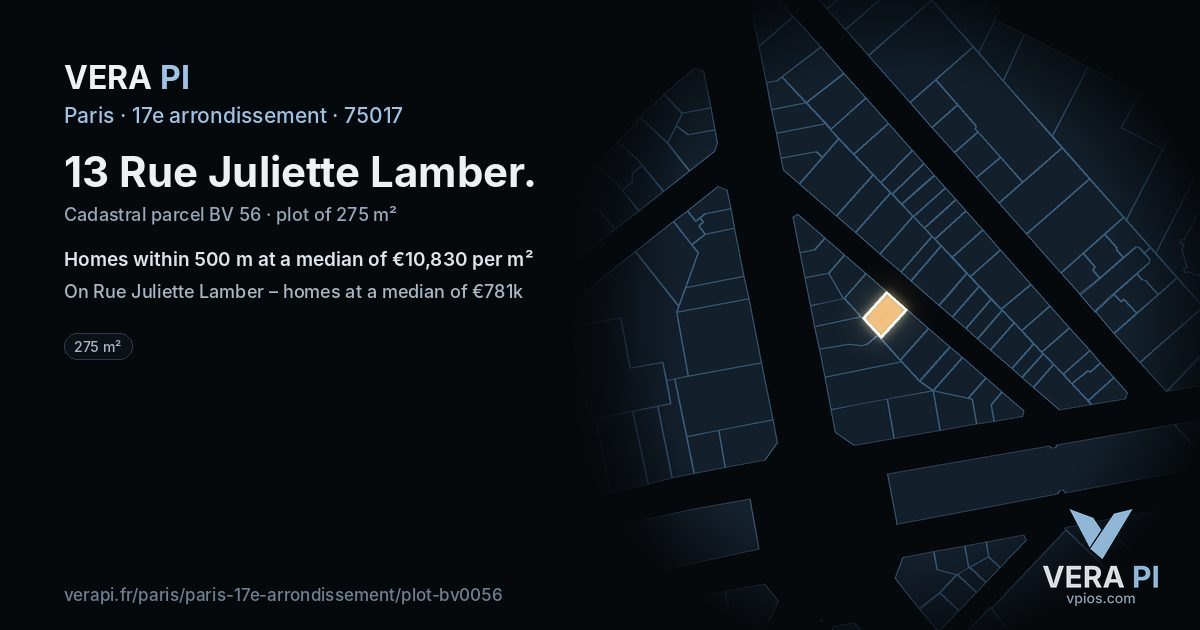 13 Rue Juliette Lamber, 17e arrondissement at night – the plot lit, the parcels around coloured by the prices near them