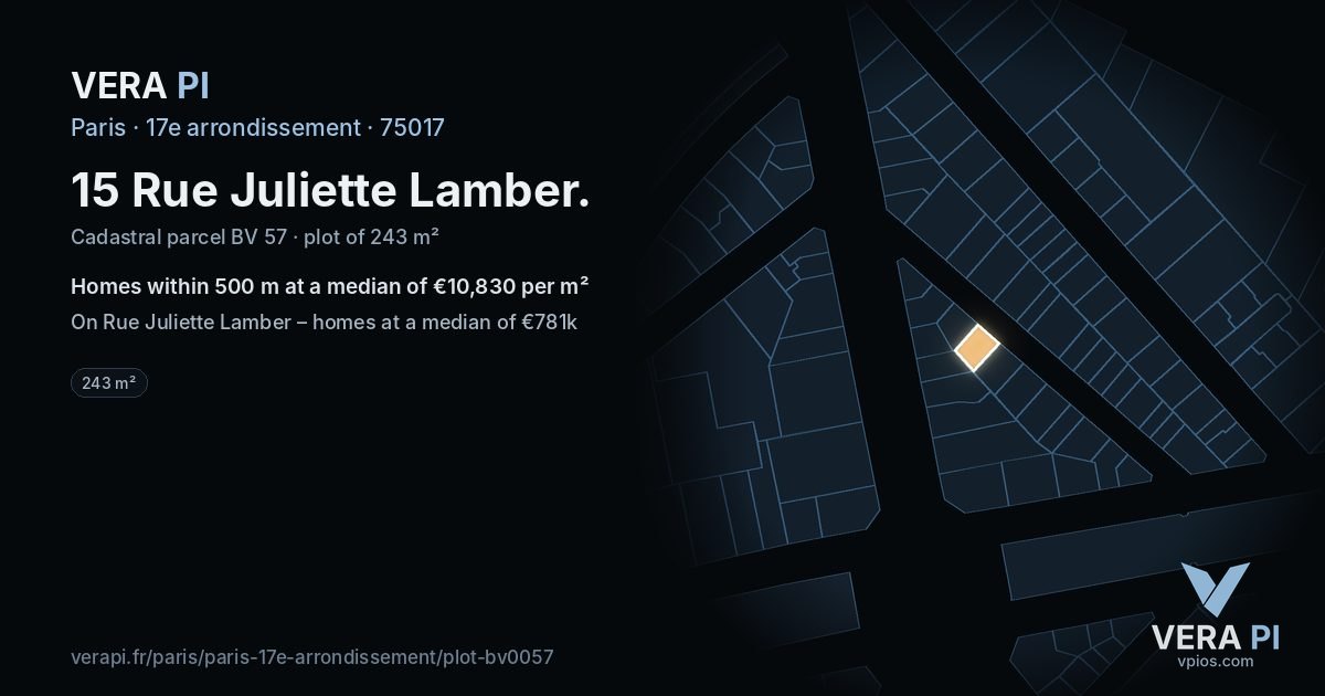 15 Rue Juliette Lamber, 17e arrondissement at night – the plot lit, the parcels around coloured by the prices near them