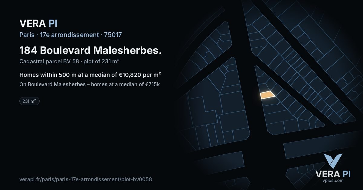184 Boulevard Malesherbes, 17e arrondissement at night – the plot lit, the parcels around coloured by the prices near them