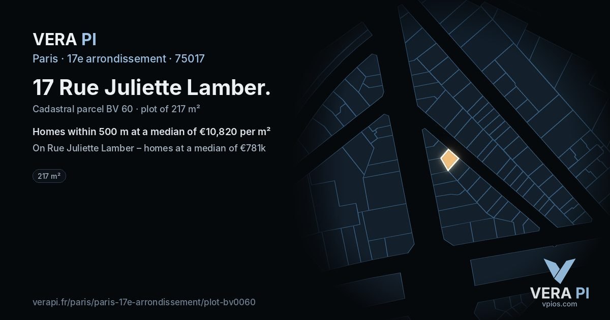 17 Rue Juliette Lamber, 17e arrondissement at night – the plot lit, the parcels around coloured by the prices near them