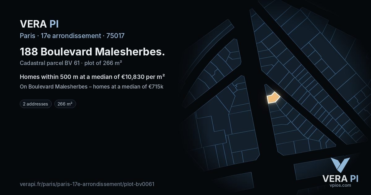 188 Boulevard Malesherbes, 17e arrondissement at night – the plot lit, the parcels around coloured by the prices near them