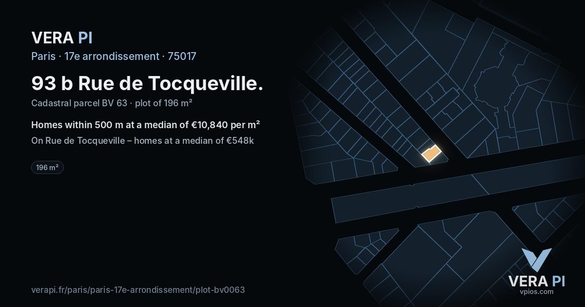 93 b Rue de Tocqueville, 17e arrondissement at night – the plot lit, the parcels around coloured by the prices near them