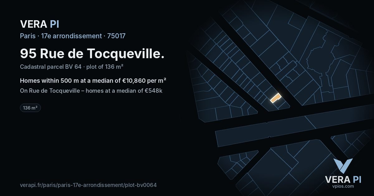 95 Rue de Tocqueville, 17e arrondissement at night – the plot lit, the parcels around coloured by the prices near them
