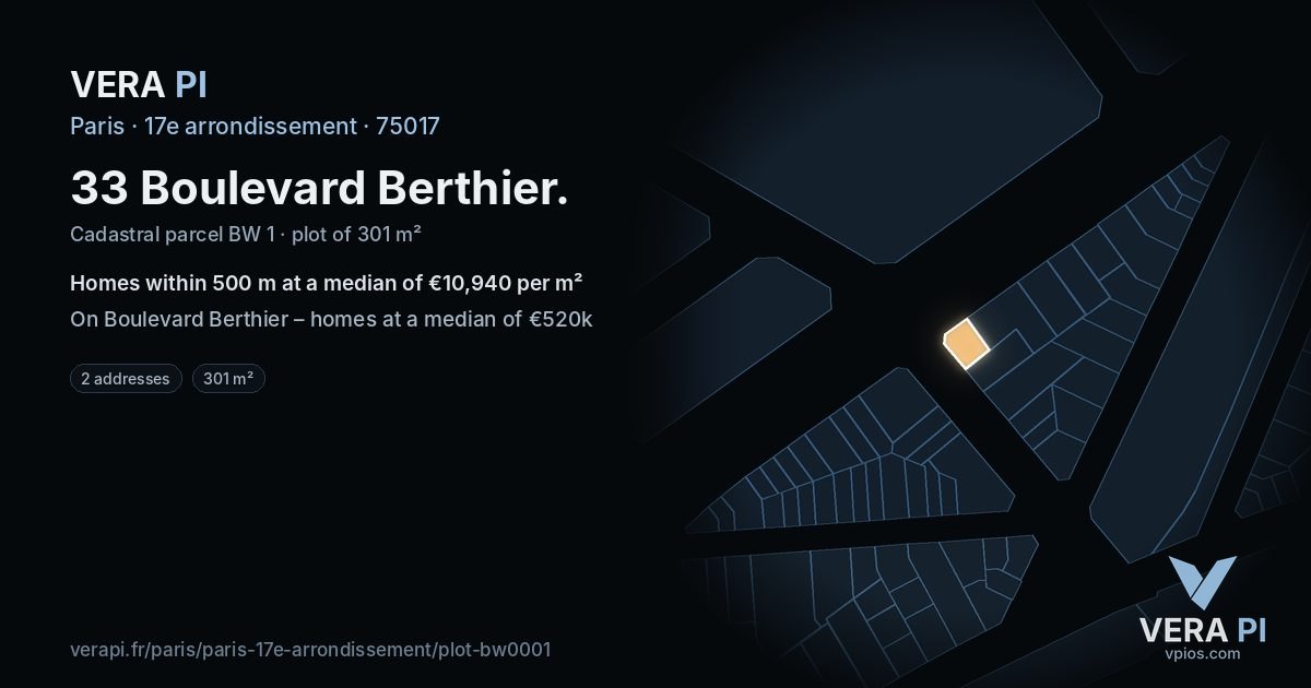 33 Boulevard Berthier, 17e arrondissement at night – the plot lit, the parcels around coloured by the prices near them