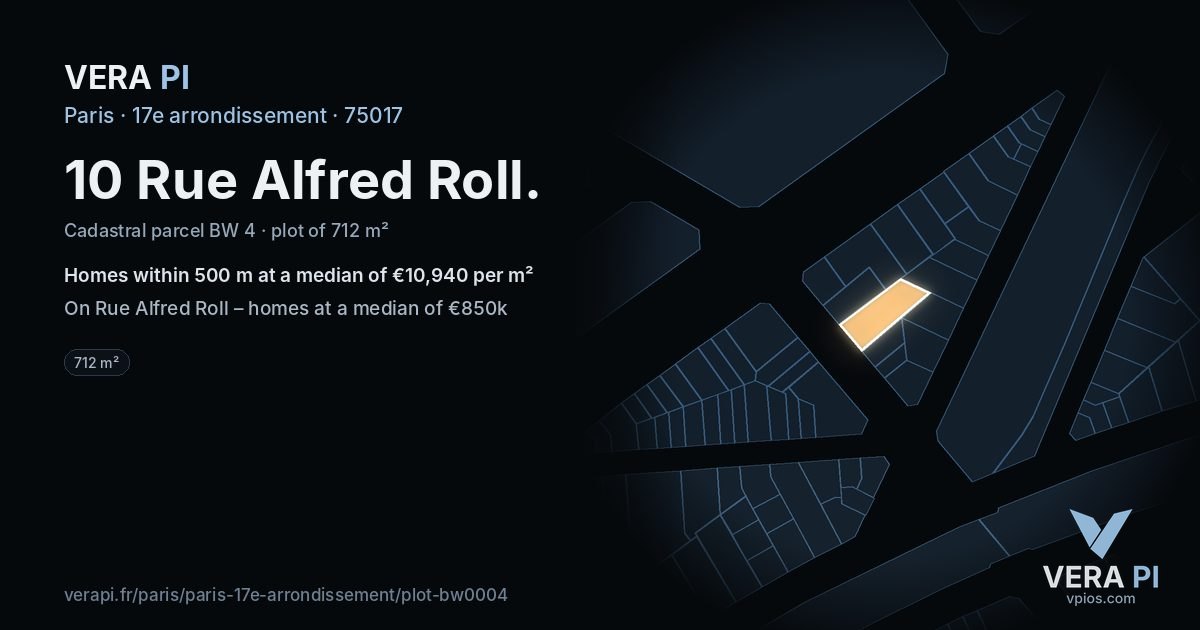 10 Rue Alfred Roll, 17e arrondissement at night – the plot lit, the parcels around coloured by the prices near them