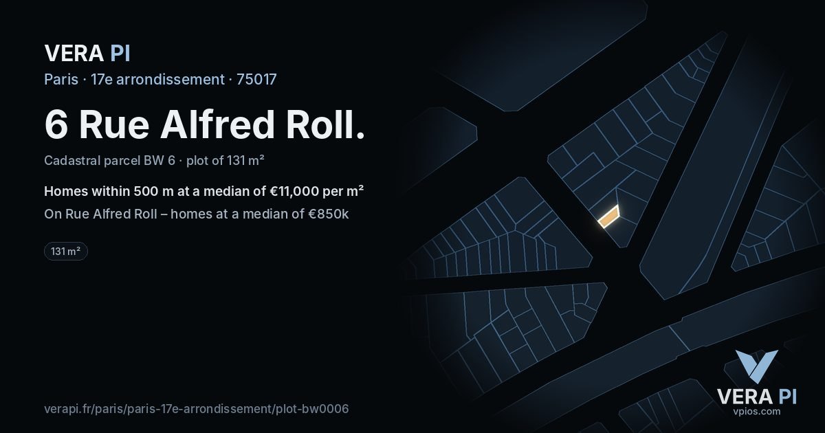 6 Rue Alfred Roll, 17e arrondissement at night – the plot lit, the parcels around coloured by the prices near them