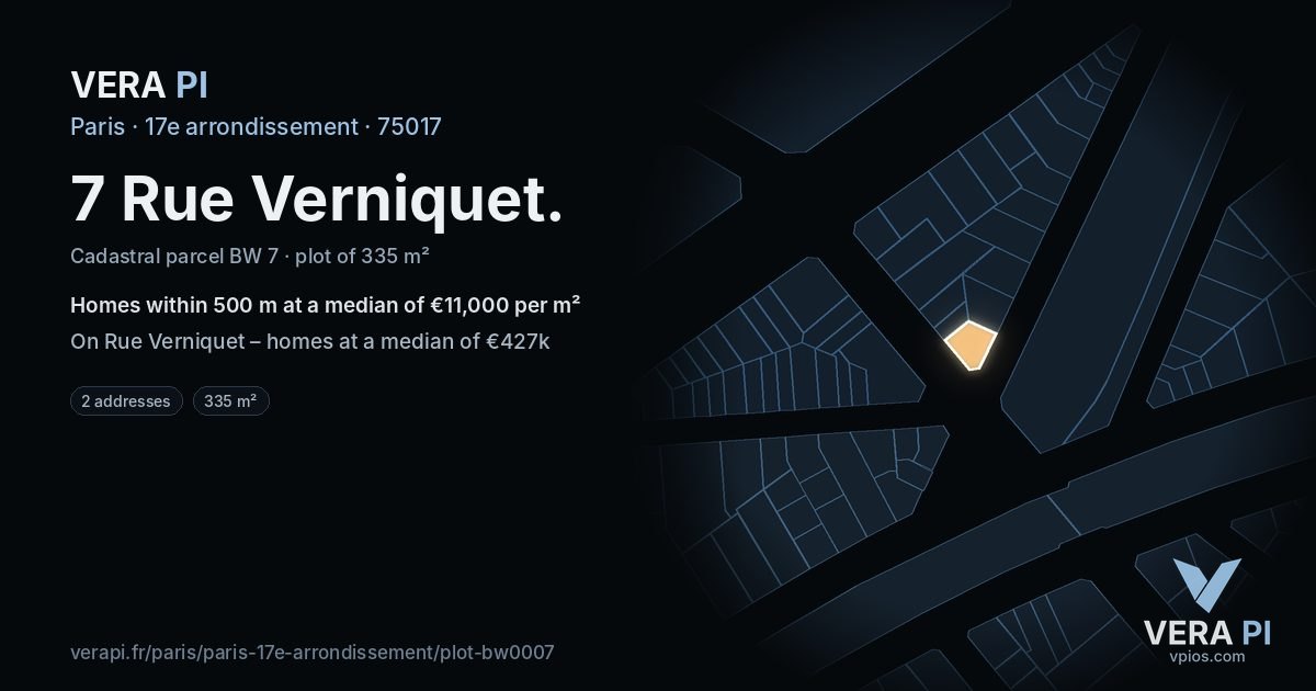 7 Rue Verniquet, 17e arrondissement at night – the plot lit, the parcels around coloured by the prices near them