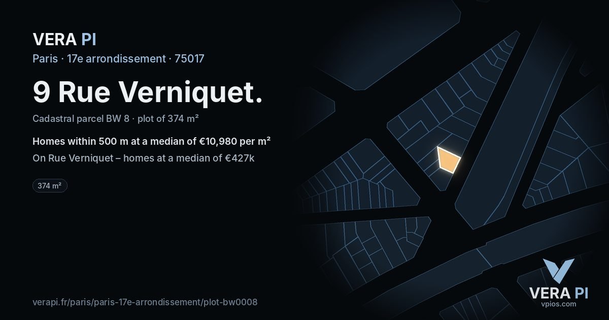 9 Rue Verniquet, 17e arrondissement at night – the plot lit, the parcels around coloured by the prices near them
