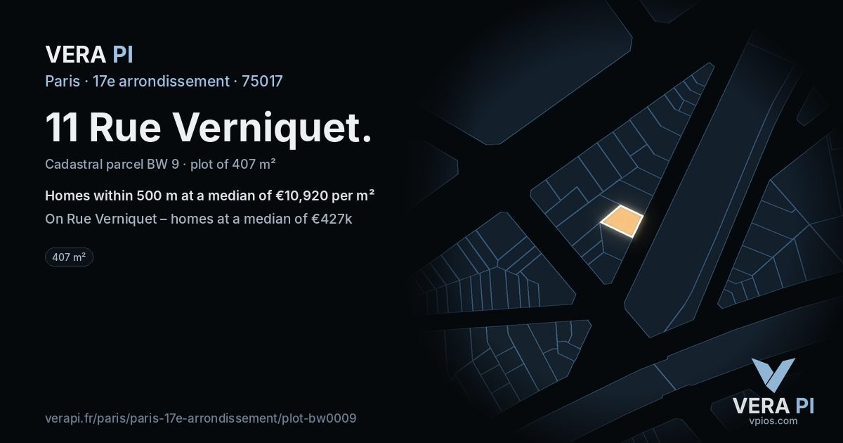 11 Rue Verniquet, 17e arrondissement at night – the plot lit, the parcels around coloured by the prices near them
